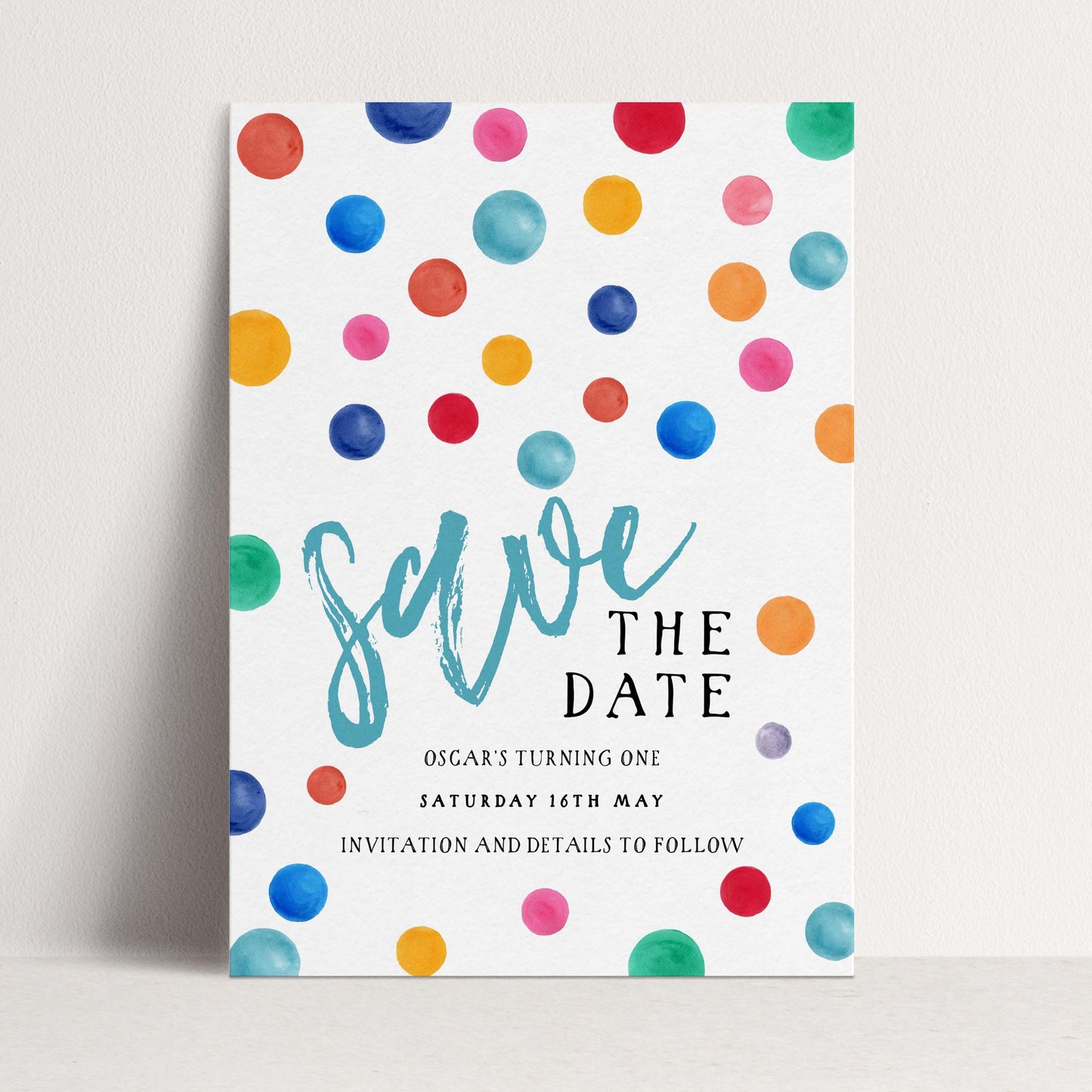 Polka Dot Save the Date Invitation EDITABLE Multi Coloured Spots Invitations Digital Instant download DTS8