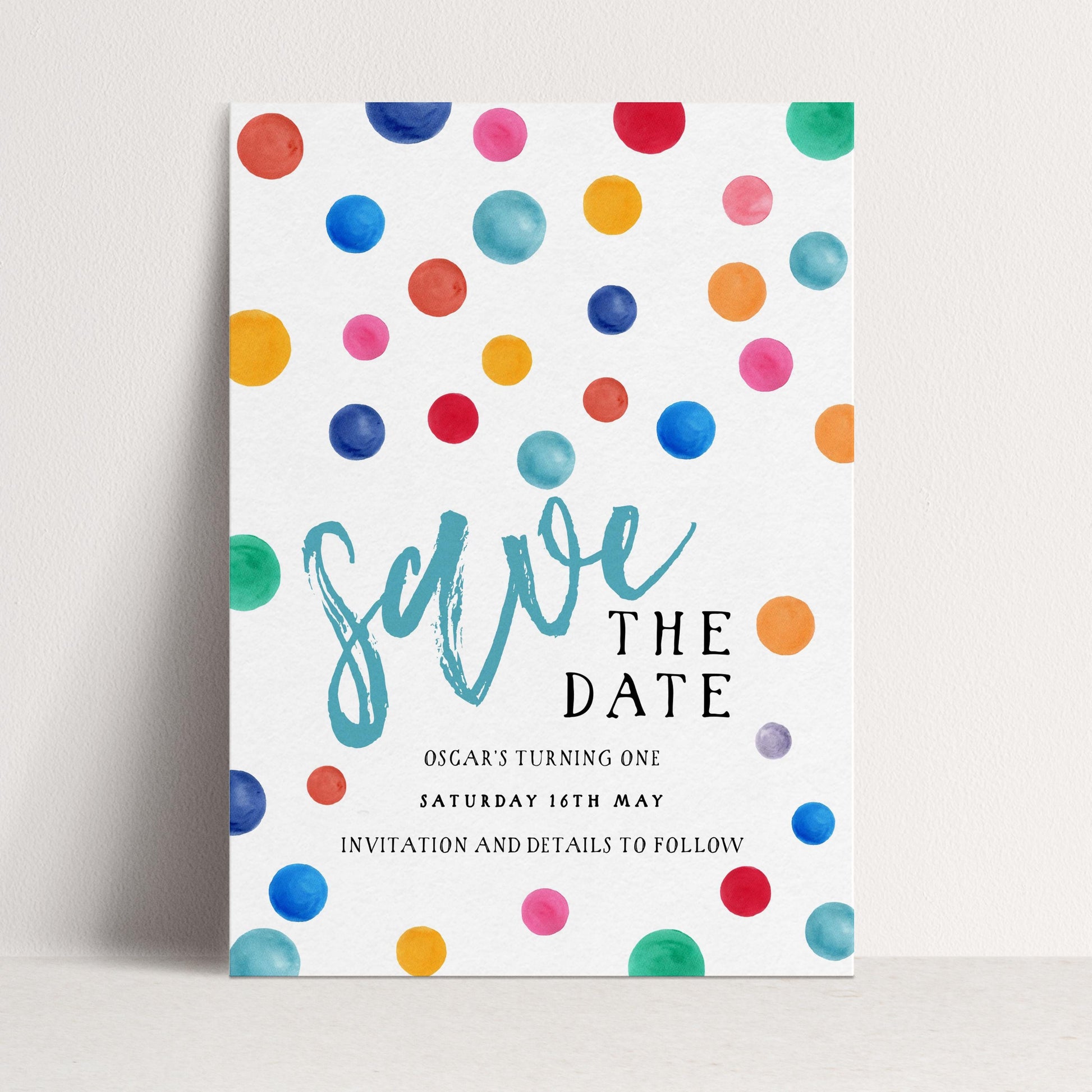 Polka Dot Save the Date Invitation EDITABLE Multi Coloured Spots Invitations Digital Instant download DTS8