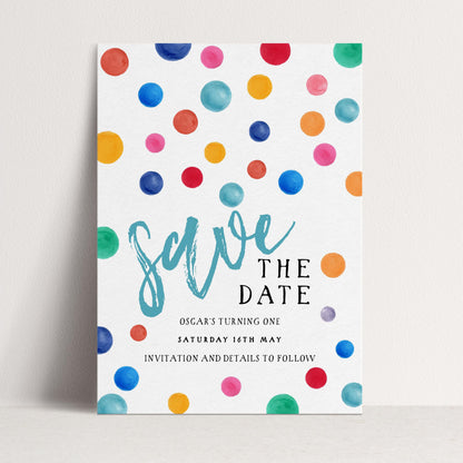 Polka Dot Save the Date Invitation EDITABLE Multi Coloured Spots Invitations Digital Instant download DTS8
