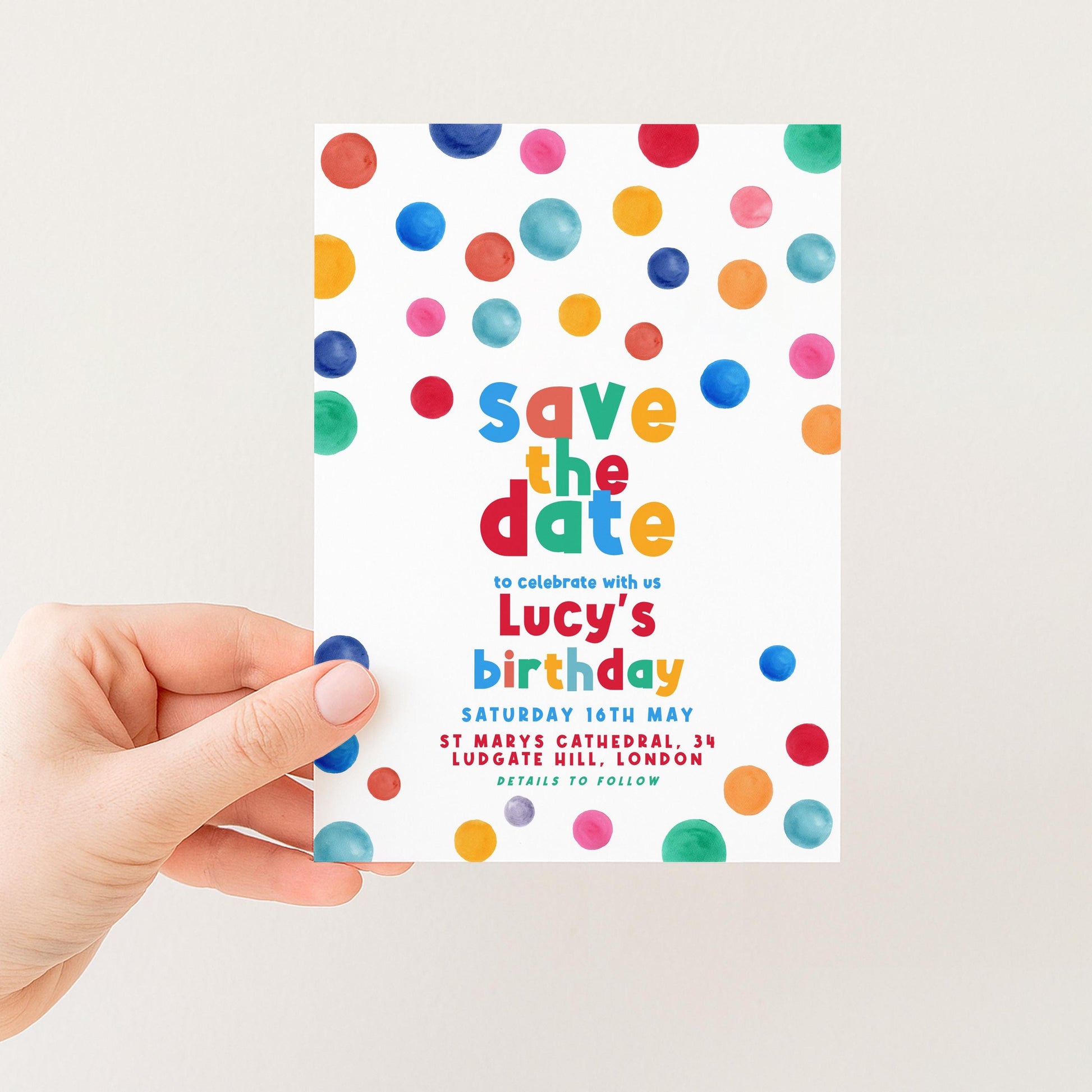 Dots Save The Date Birthday Invitation EDITABLE Multi Coloured Polka Dot Invitations Digital Spot Theme Invites Instant download DTS8
