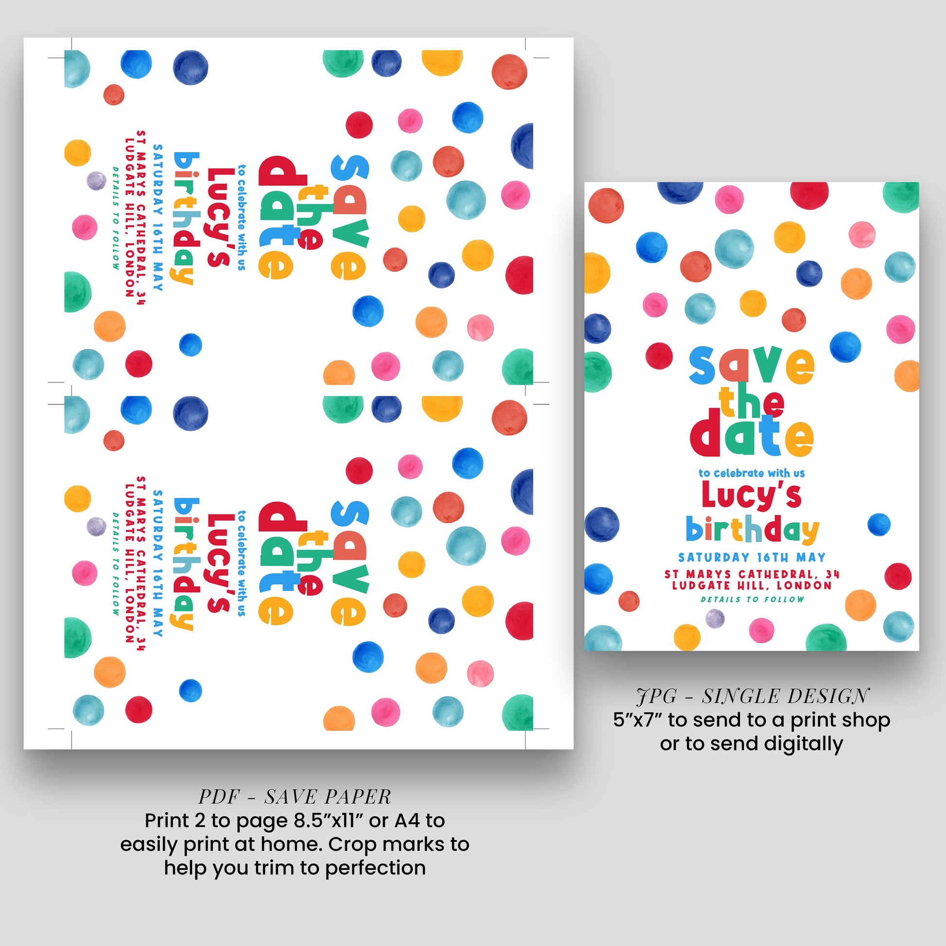 Dots Save The Date Birthday Invitation EDITABLE Multi Coloured Polka Dot Invitations Digital Spot Theme Invites Instant download DTS8