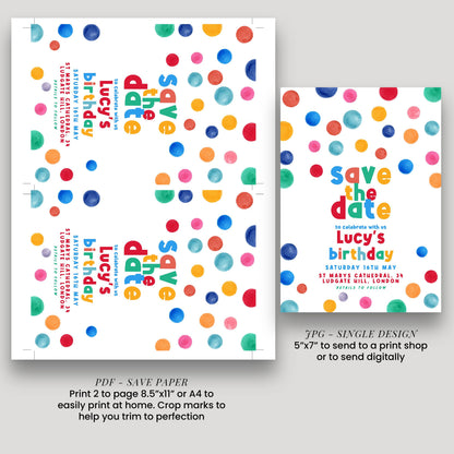 Dots Save The Date Birthday Invitation EDITABLE Multi Coloured Polka Dot Invitations Digital Spot Theme Invites Instant download DTS8