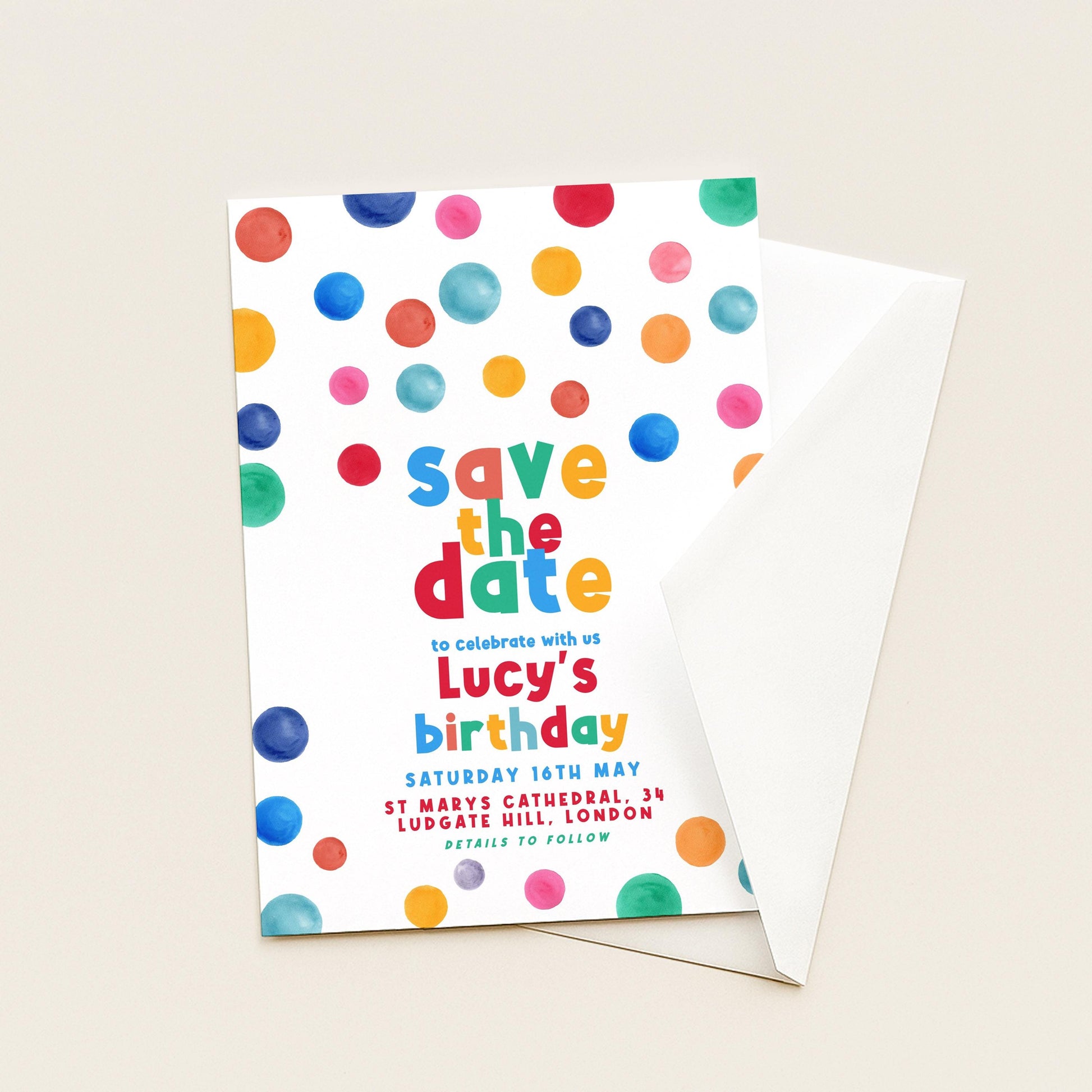 Dots Save The Date Birthday Invitation EDITABLE Multi Coloured Polka Dot Invitations Digital Spot Theme Invites Instant download DTS8