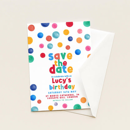 Dots Save The Date Birthday Invitation EDITABLE Multi Coloured Polka Dot Invitations Digital Spot Theme Invites Instant download DTS8