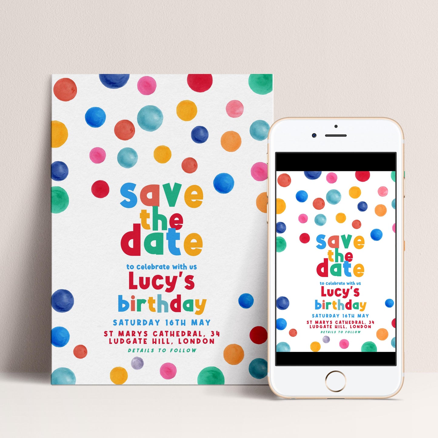 Dots Save The Date Birthday Invitation EDITABLE Multi Coloured Polka Dot Invitations Digital Spot Theme Invites Instant download DTS8
