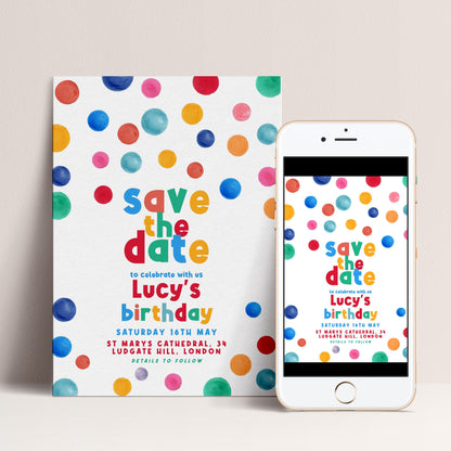 Dots Save The Date Birthday Invitation EDITABLE Multi Coloured Polka Dot Invitations Digital Spot Theme Invites Instant download DTS8