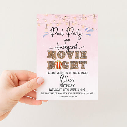Pool Party and Movie Night Invitation – Backyard Pool Party Editable Template for Girls, Corjl Digital Download Summer Birthday Invite
