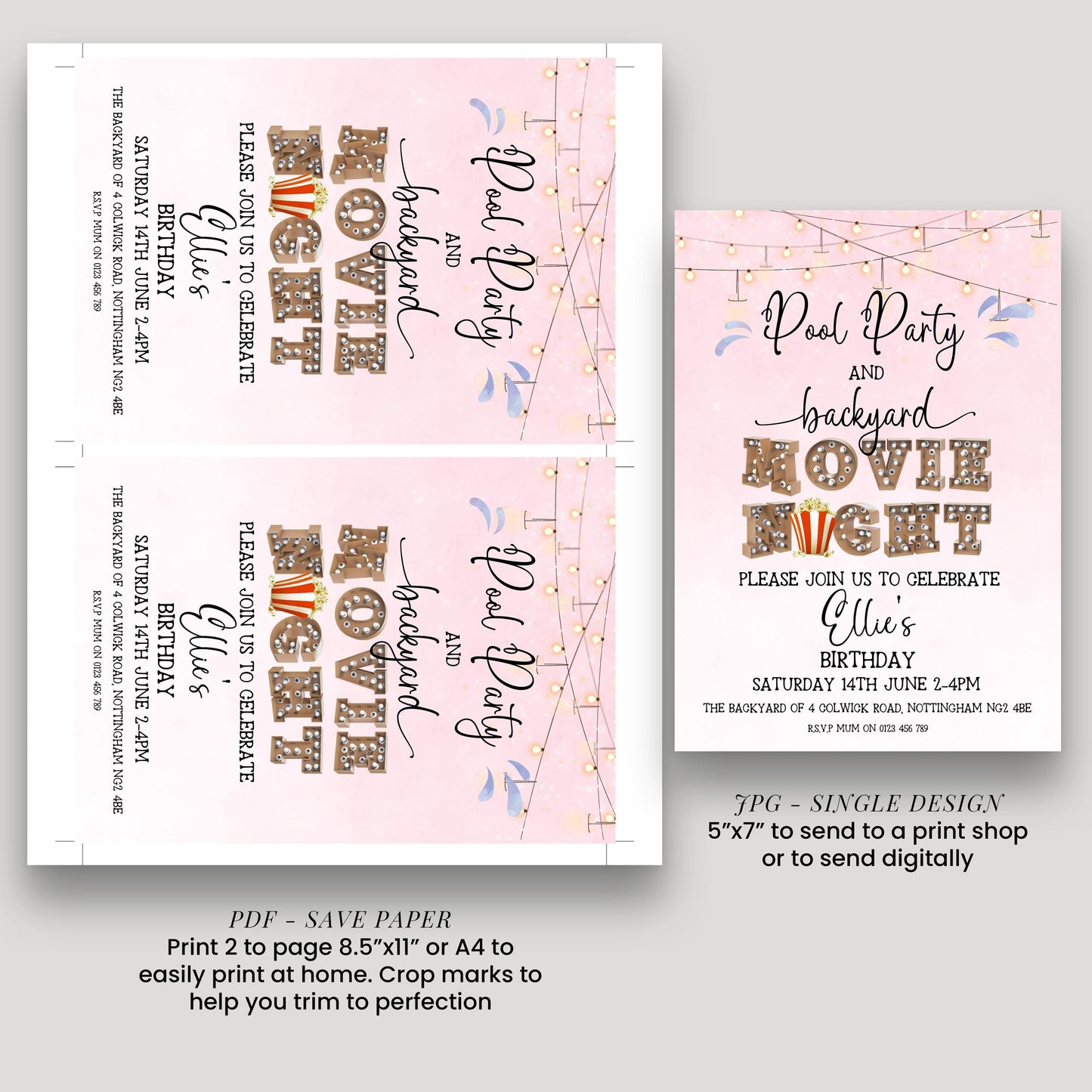 Pool Party and Movie Night Invitation – Backyard Pool Party Editable Template for Girls, Corjl Digital Download Summer Birthday Invite