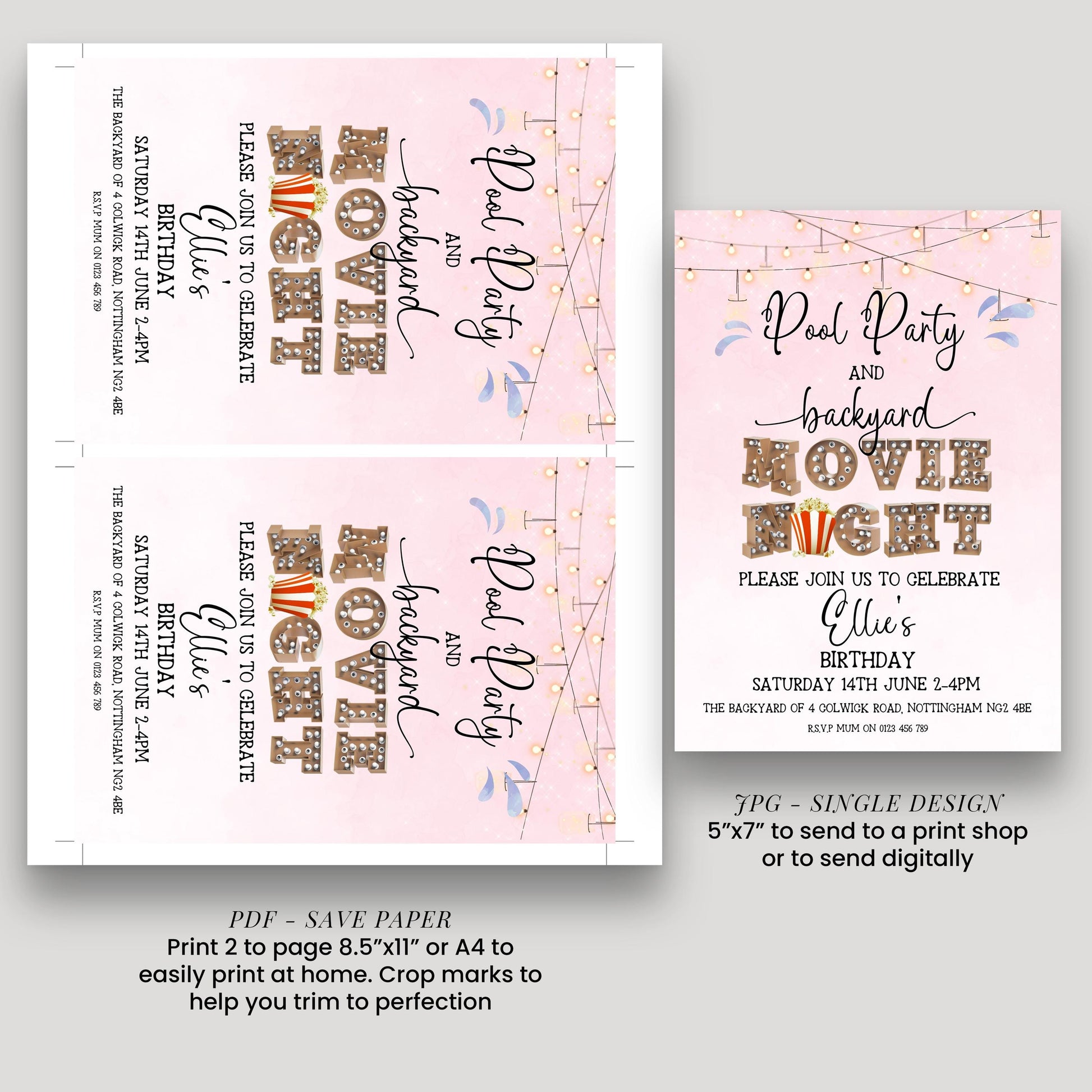 Pool Party and Movie Night Invitation – Backyard Pool Party Editable Template for Girls, Corjl Digital Download Summer Birthday Invite