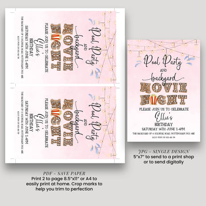 Pool Party and Movie Night Invitation – Backyard Pool Party Editable Template for Girls, Corjl Digital Download Summer Birthday Invite
