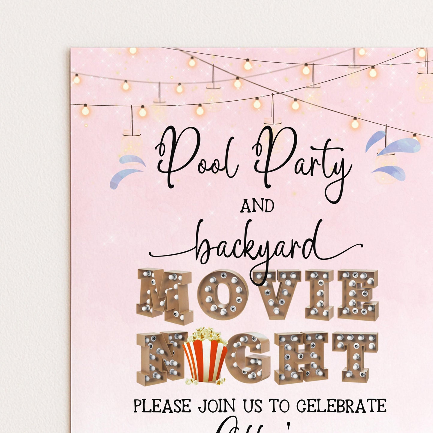 Pool Party and Movie Night Invitation – Backyard Pool Party Editable Template for Girls, Corjl Digital Download Summer Birthday Invite