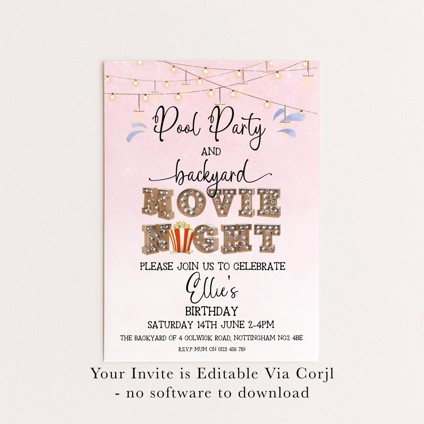 Pool Party and Movie Night Invitation – Backyard Pool Party Editable Template for Girls, Corjl Digital Download Summer Birthday Invite