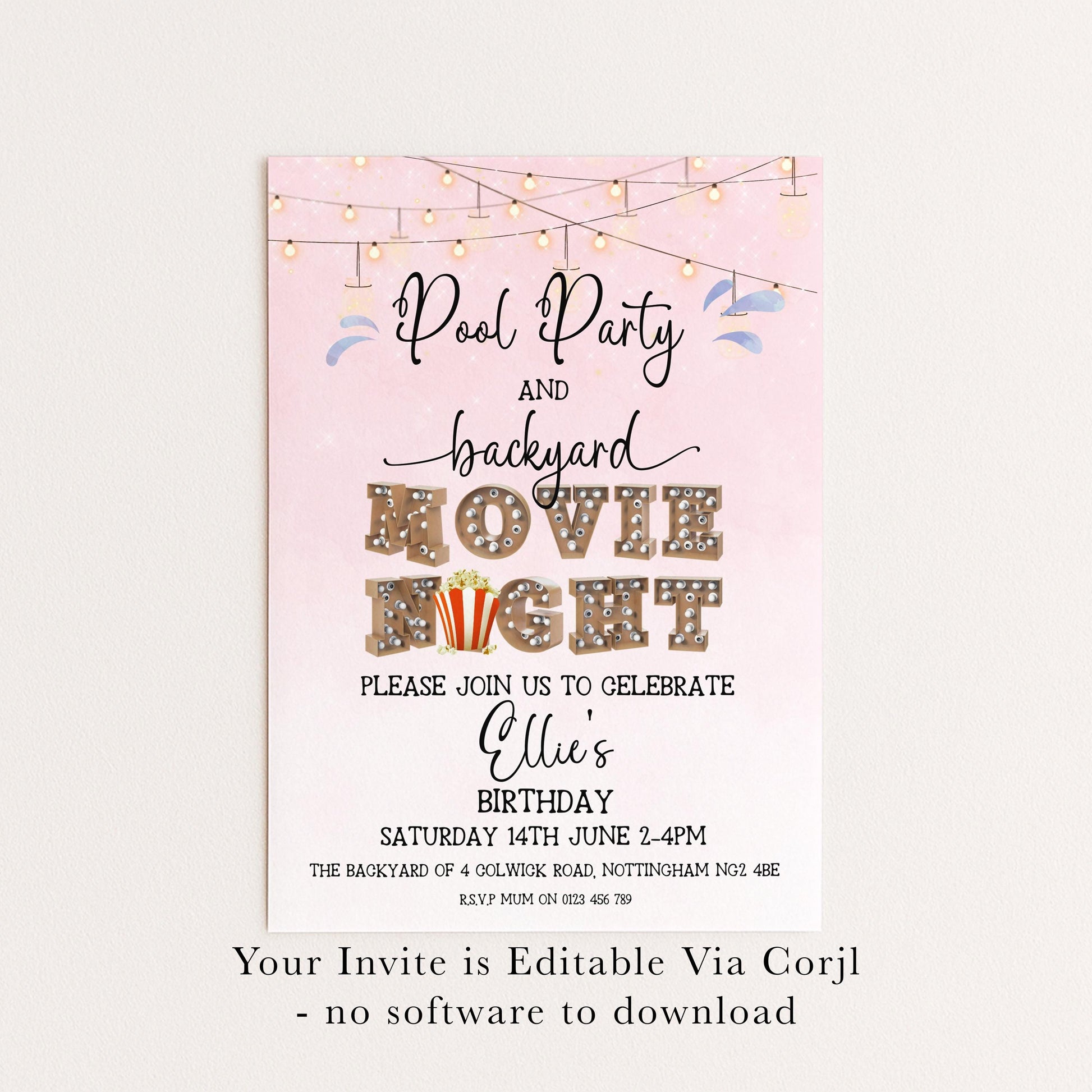 Pool Party and Movie Night Invitation – Backyard Pool Party Editable Template for Girls, Corjl Digital Download Summer Birthday Invite