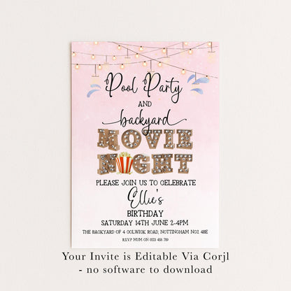 Pool Party and Movie Night Invitation – Backyard Pool Party Editable Template for Girls, Corjl Digital Download Summer Birthday Invite