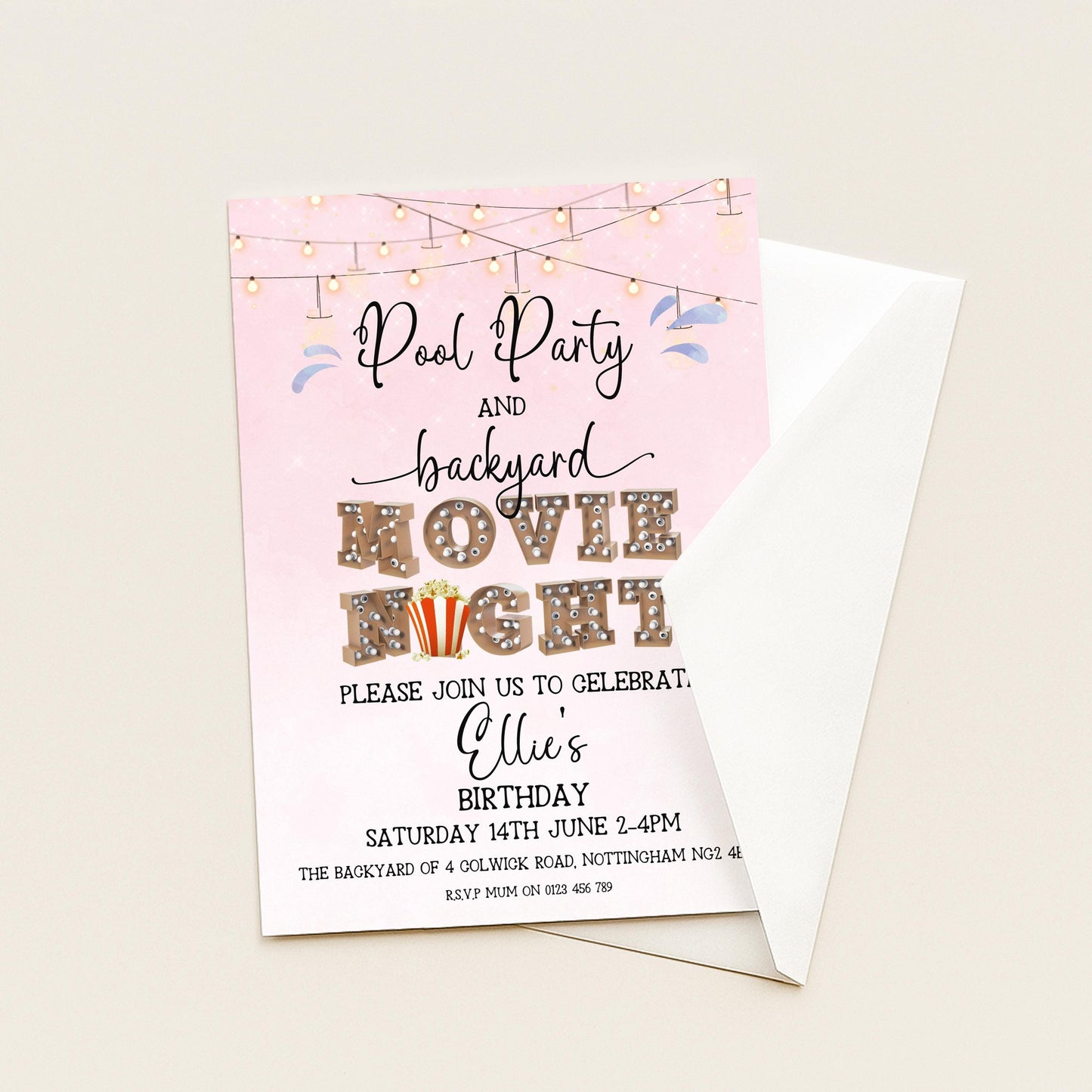 Pool Party and Movie Night Invitation – Backyard Pool Party Editable Template for Girls, Corjl Digital Download Summer Birthday Invite