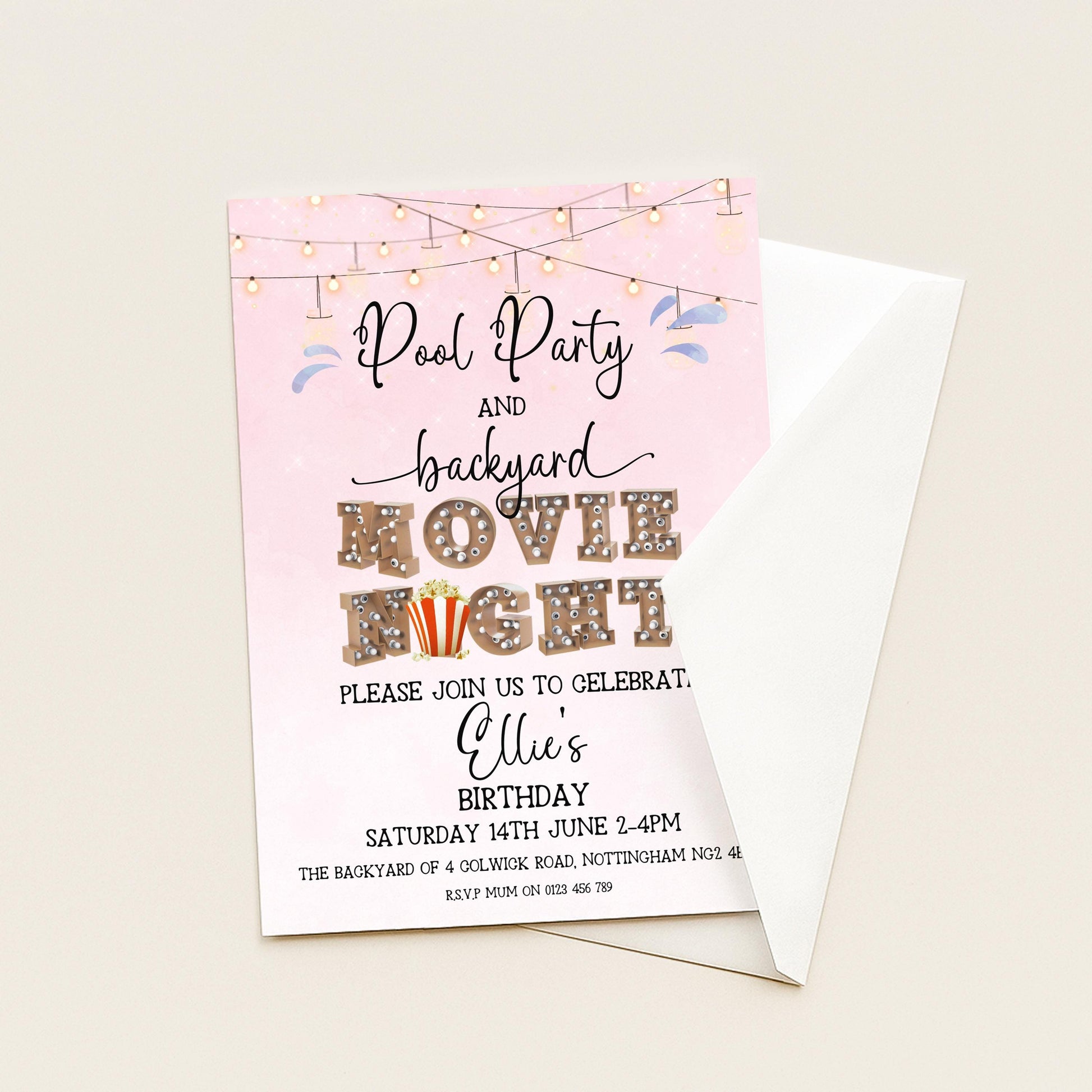 Pool Party and Movie Night Invitation – Backyard Pool Party Editable Template for Girls, Corjl Digital Download Summer Birthday Invite