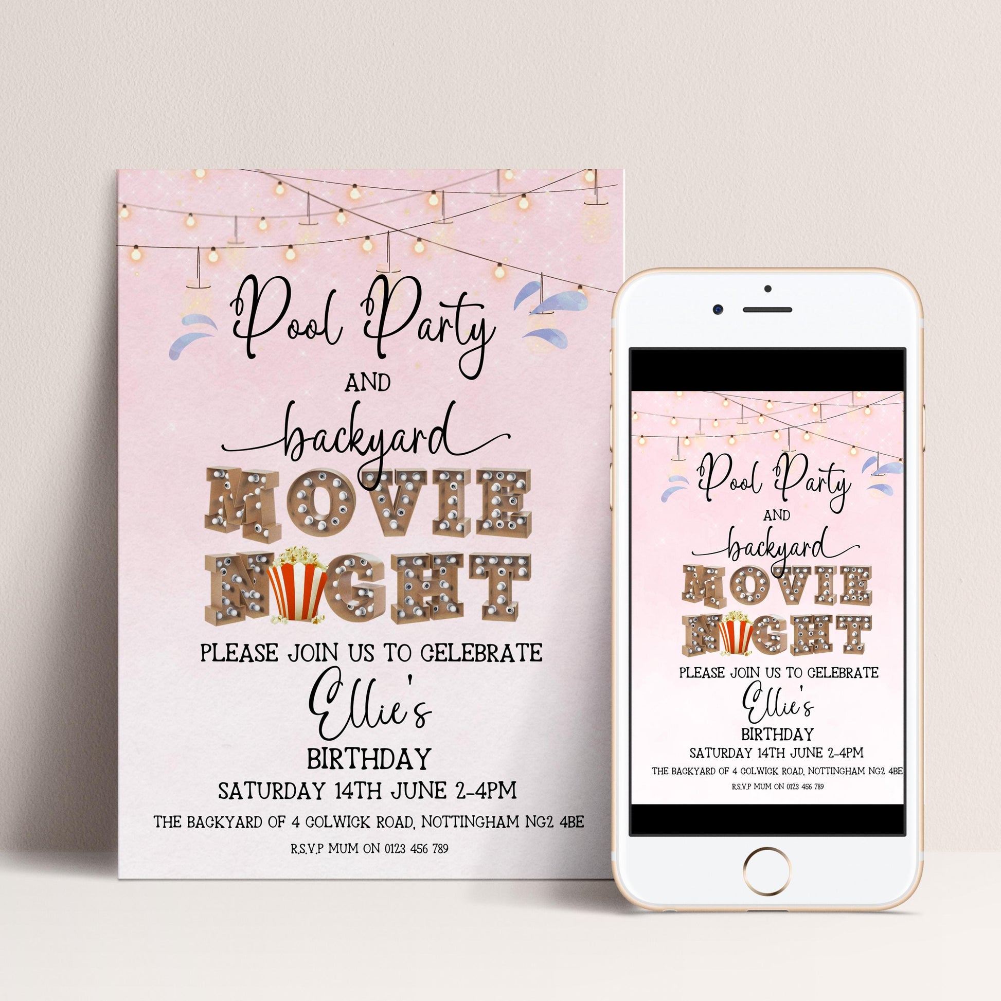 Pool Party and Movie Night Invitation – Backyard Pool Party Editable Template for Girls, Corjl Digital Download Summer Birthday Invite