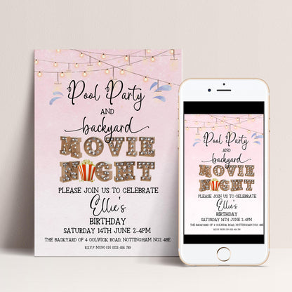 Pool Party and Movie Night Invitation – Backyard Pool Party Editable Template for Girls, Corjl Digital Download Summer Birthday Invite