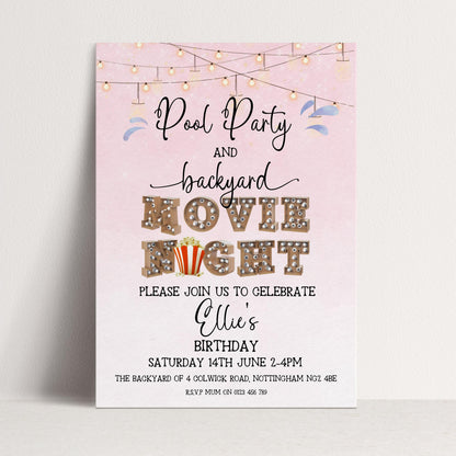 Pool Party and Movie Night Invitation – Backyard Pool Party Editable Template for Girls, Corjl Digital Download Summer Birthday Invite