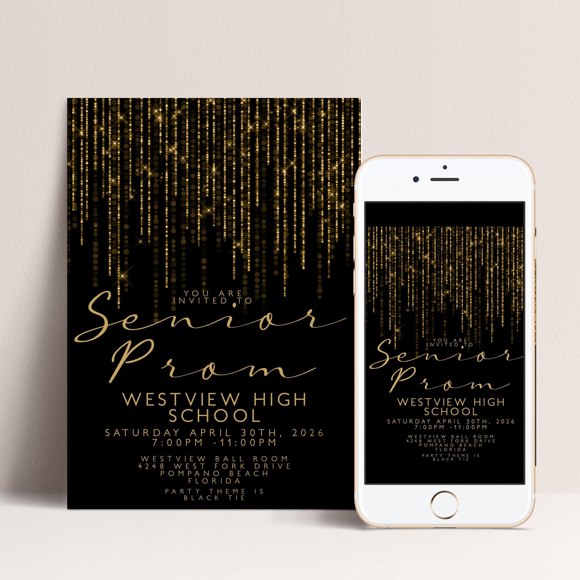 Prom Invitation Gold Glitter Lights, Elegant School Dance Invite, Black Tie Formal Event, Editable Prom Night Template