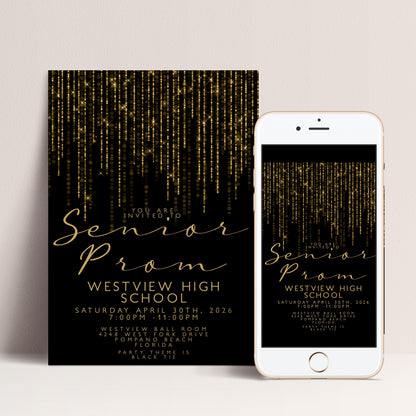 Prom Invitation Gold Glitter Lights, Elegant School Dance Invite, Black Tie Formal Event, Editable Prom Night Template