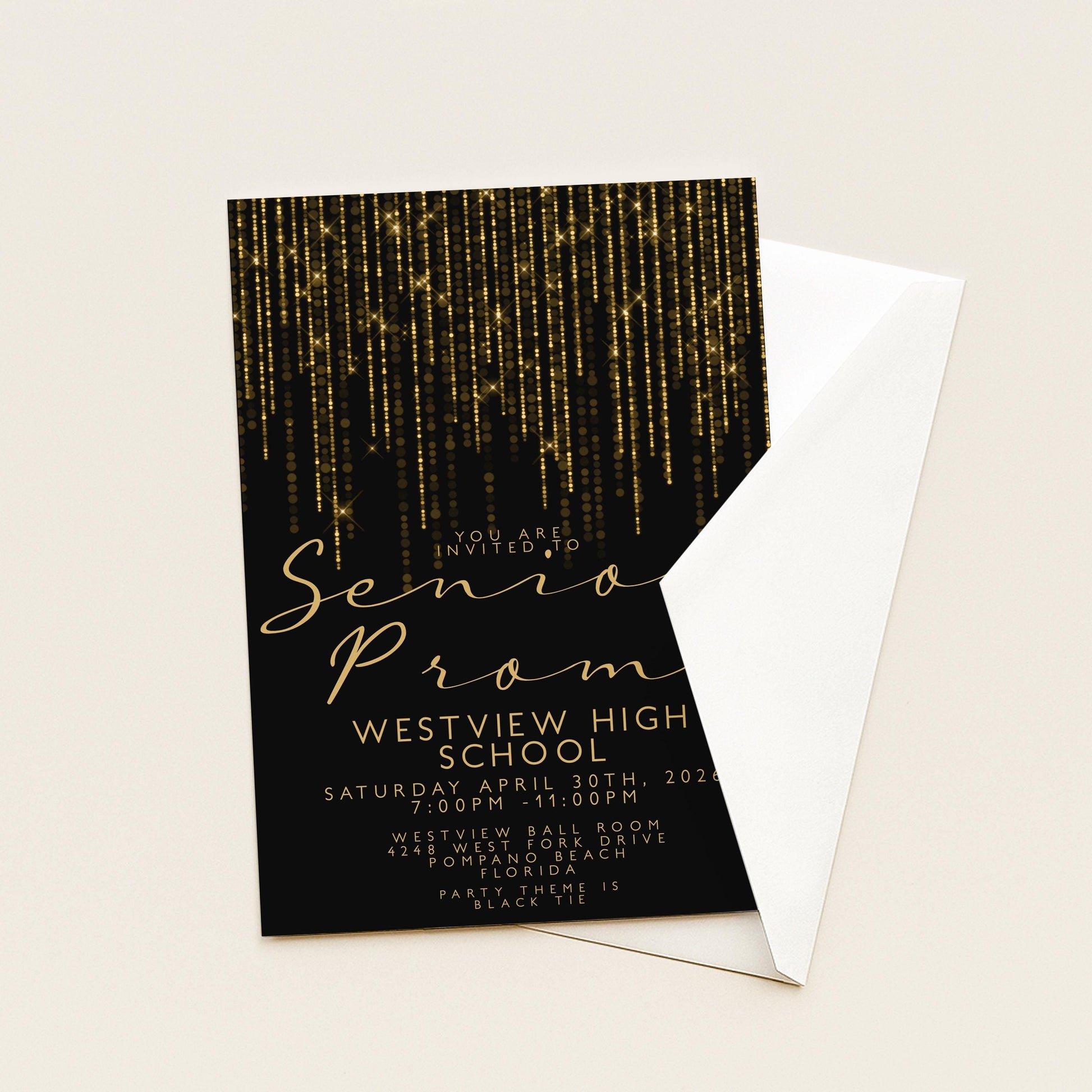 Prom Invitation Gold Glitter Lights, Elegant School Dance Invite, Black Tie Formal Event, Editable Prom Night Template