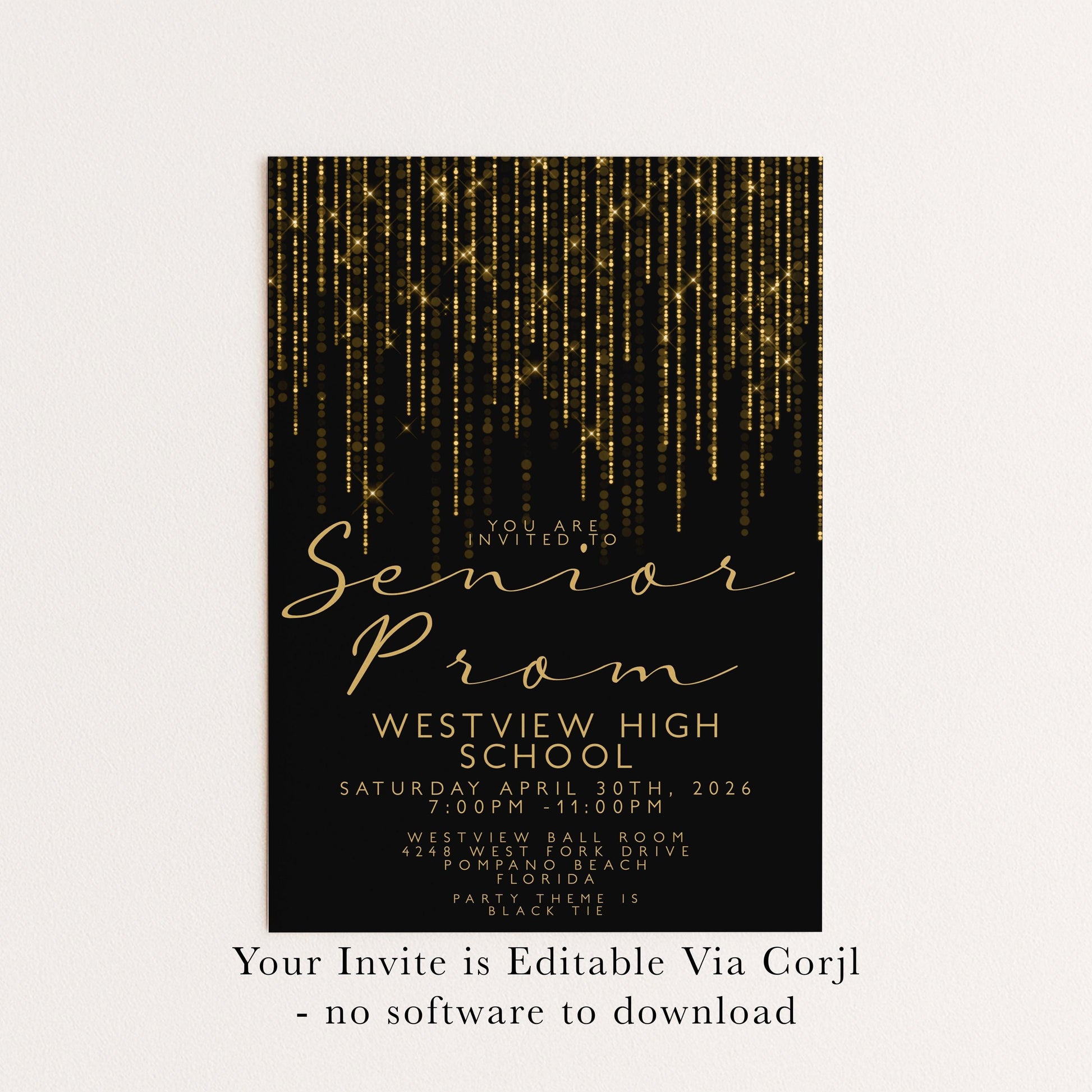 Prom Invitation Gold Glitter Lights, Elegant School Dance Invite, Black Tie Formal Event, Editable Prom Night Template