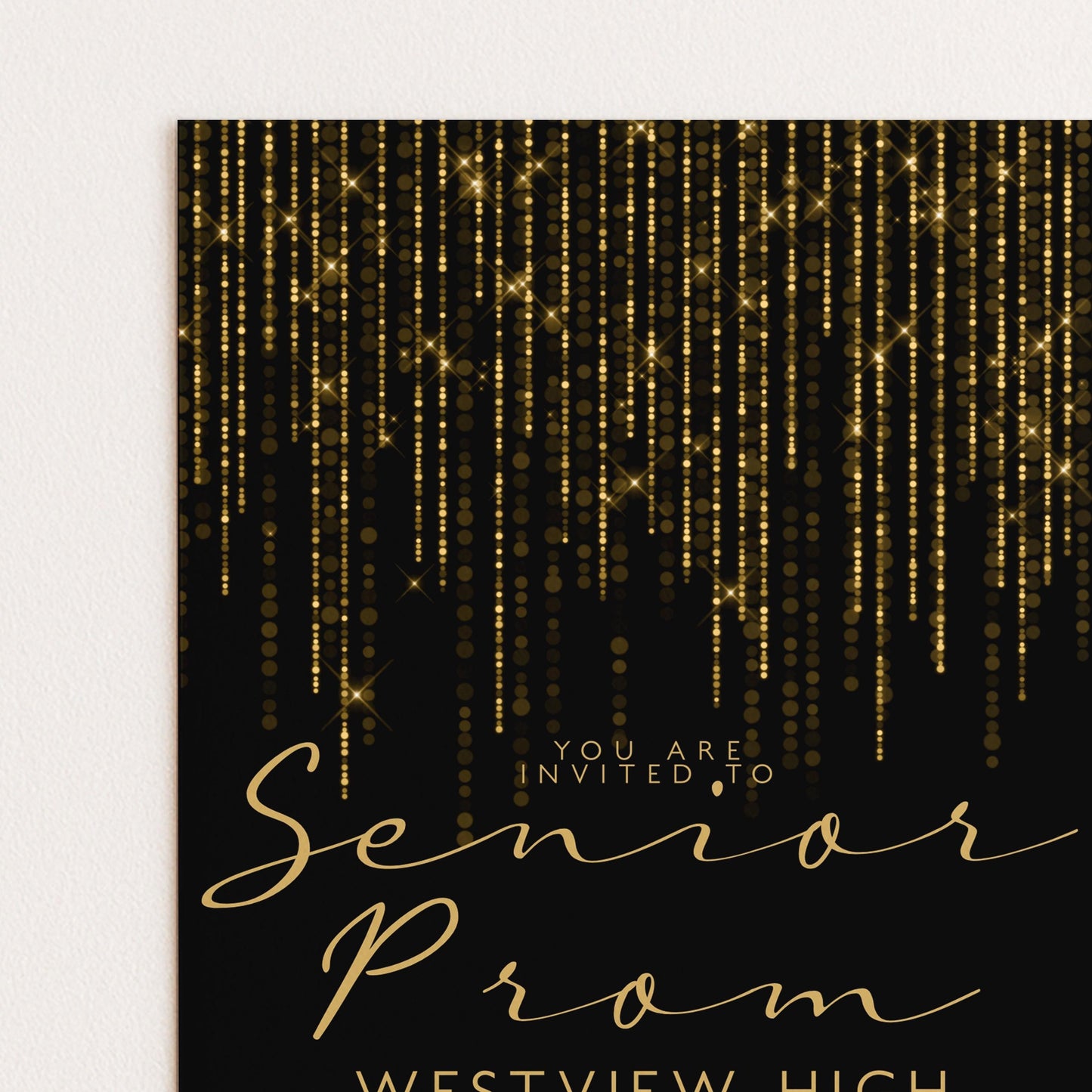 Prom Invitation Gold Glitter Lights, Elegant School Dance Invite, Black Tie Formal Event, Editable Prom Night Template