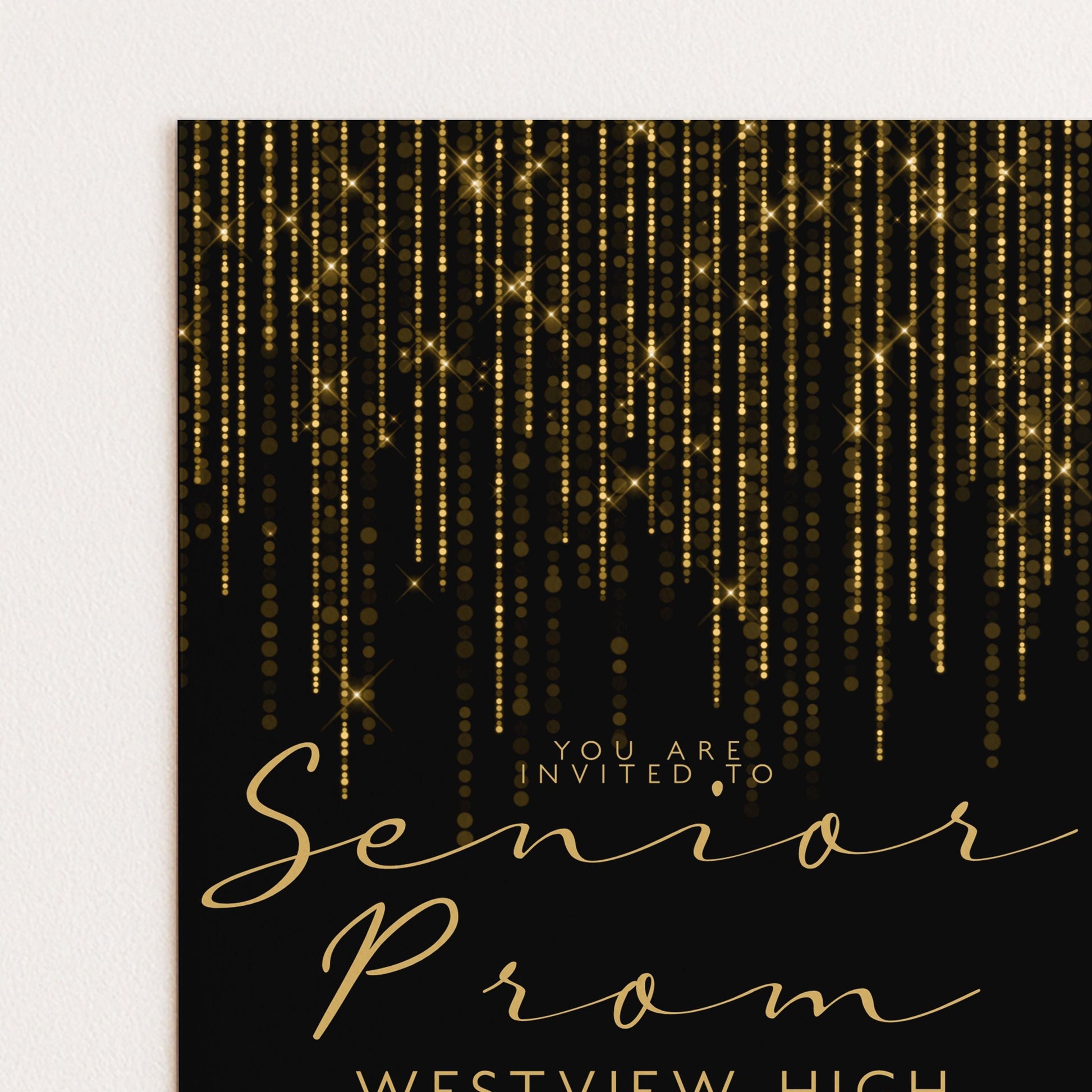 Prom Invitation Gold Glitter Lights, Elegant School Dance Invite, Black Tie Formal Event, Editable Prom Night Template
