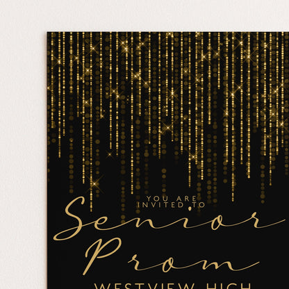 Prom Invitation Gold Glitter Lights, Elegant School Dance Invite, Black Tie Formal Event, Editable Prom Night Template