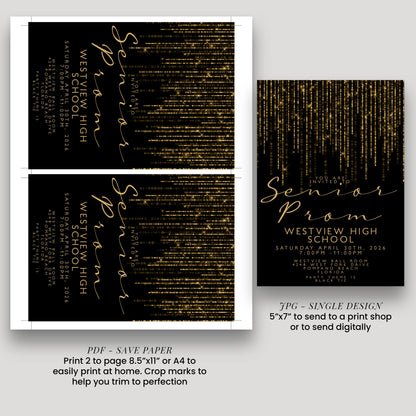 Prom Invitation Gold Glitter Lights, Elegant School Dance Invite, Black Tie Formal Event, Editable Prom Night Template