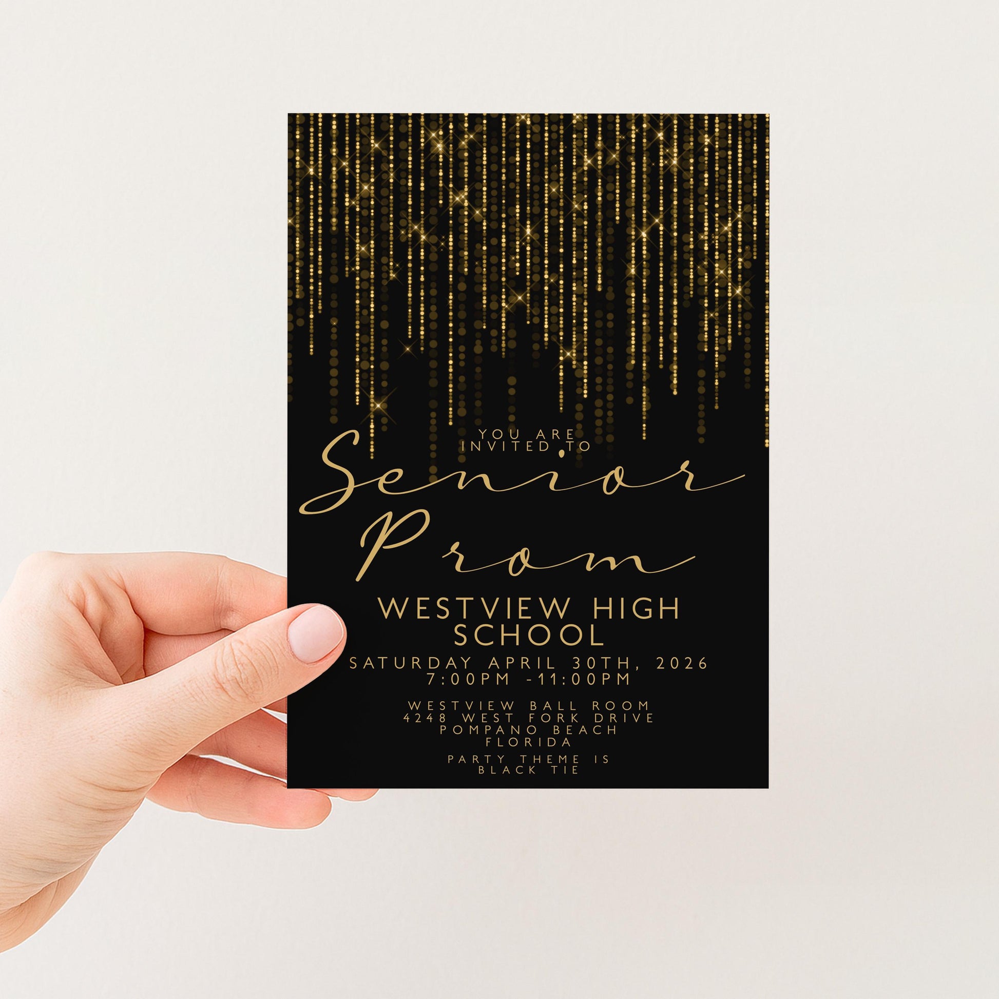 Prom Invitation Gold Glitter Lights, Elegant School Dance Invite, Black Tie Formal Event, Editable Prom Night Template