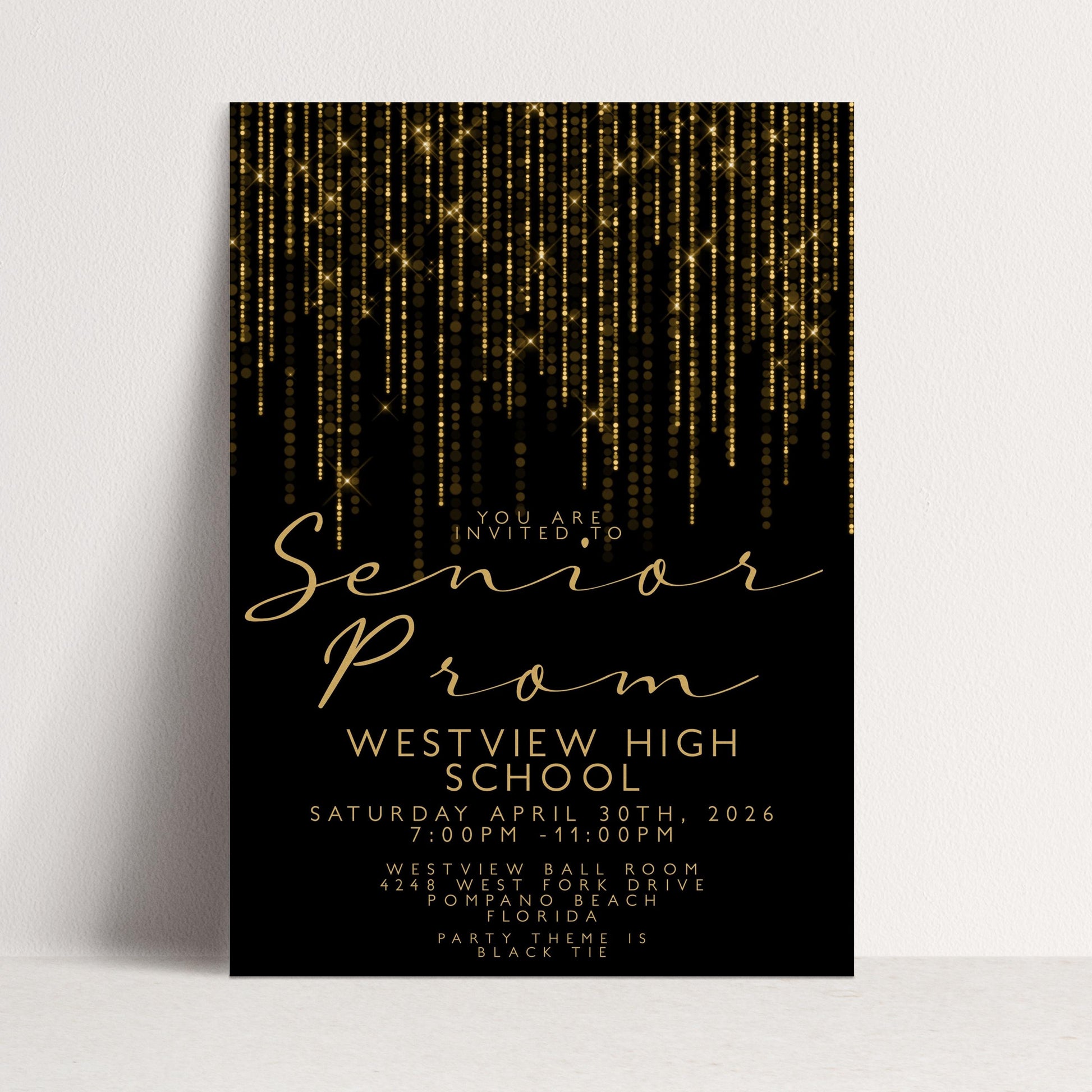 Prom Invitation Gold Glitter Lights, Elegant School Dance Invite, Black Tie Formal Event, Editable Prom Night Template