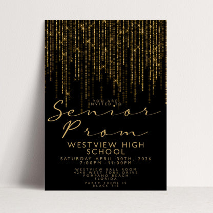 Prom Invitation Gold Glitter Lights, Elegant School Dance Invite, Black Tie Formal Event, Editable Prom Night Template