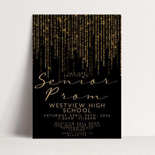 Prom Invitation Gold Glitter Lights, Elegant School Dance Invite, Black Tie Formal Event, Editable Prom Night Template