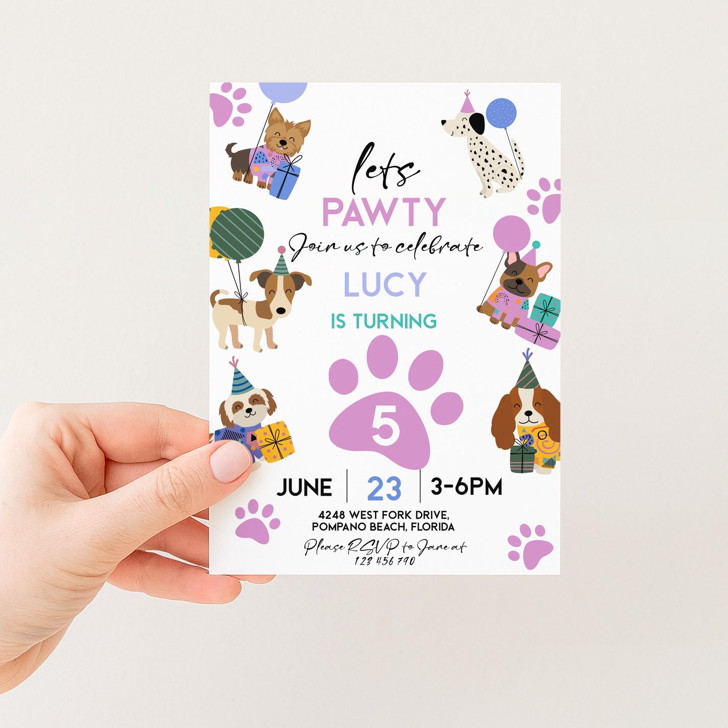 The image is a birthday invitation for a dog-themed party, featuring illustrations of dogs and a pink paw print.