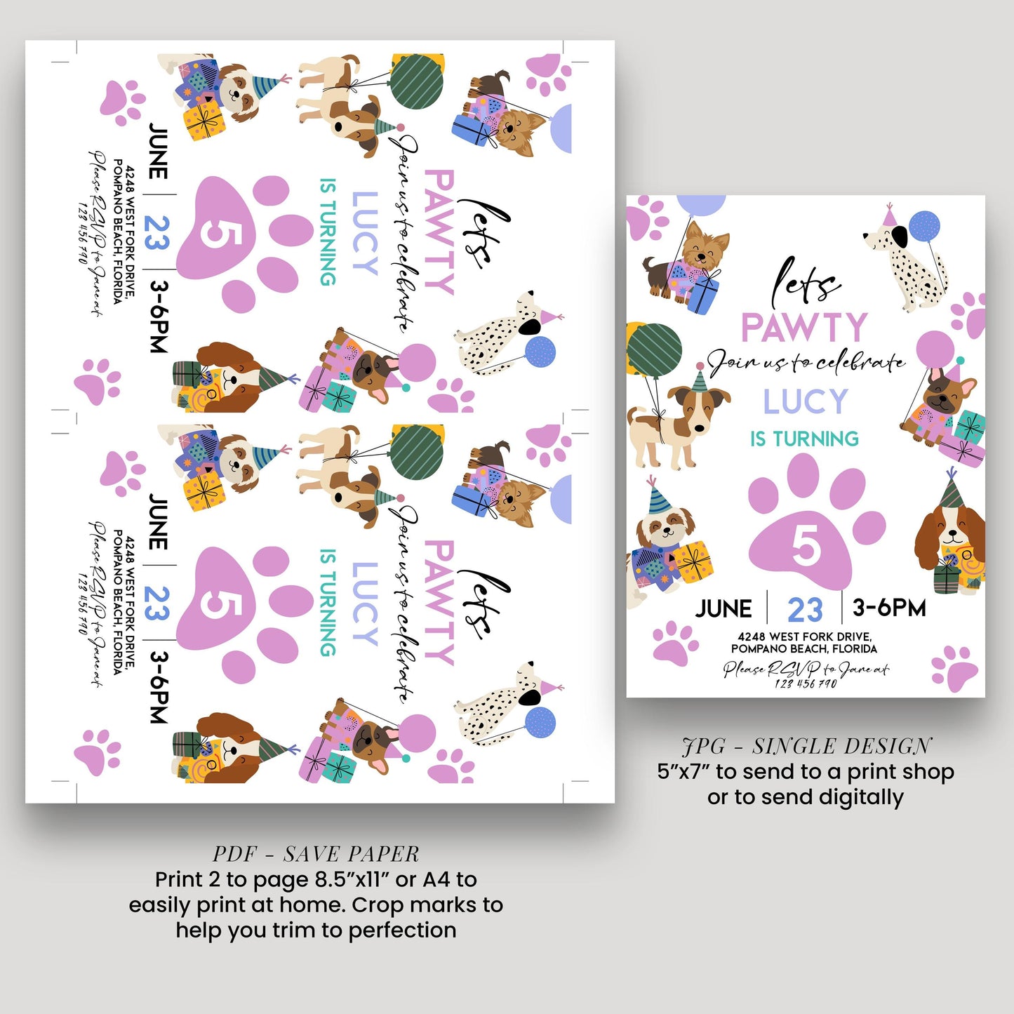 The image is a birthday invitation for a dog-themed party, featuring illustrations of dogs and presents.