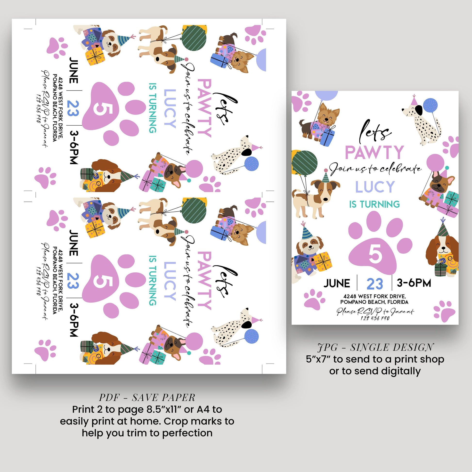 The image is a birthday invitation for a dog-themed party, featuring illustrations of dogs and presents.