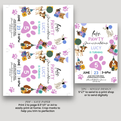 The image is a birthday invitation for a dog-themed party, featuring illustrations of dogs and presents.