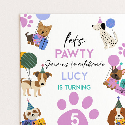 The image is a birthday invitation featuring illustrations of dogs wearing party hats and holding balloons, with the text "Let's PAWTY join us to celebrate LUCY is turning 5".