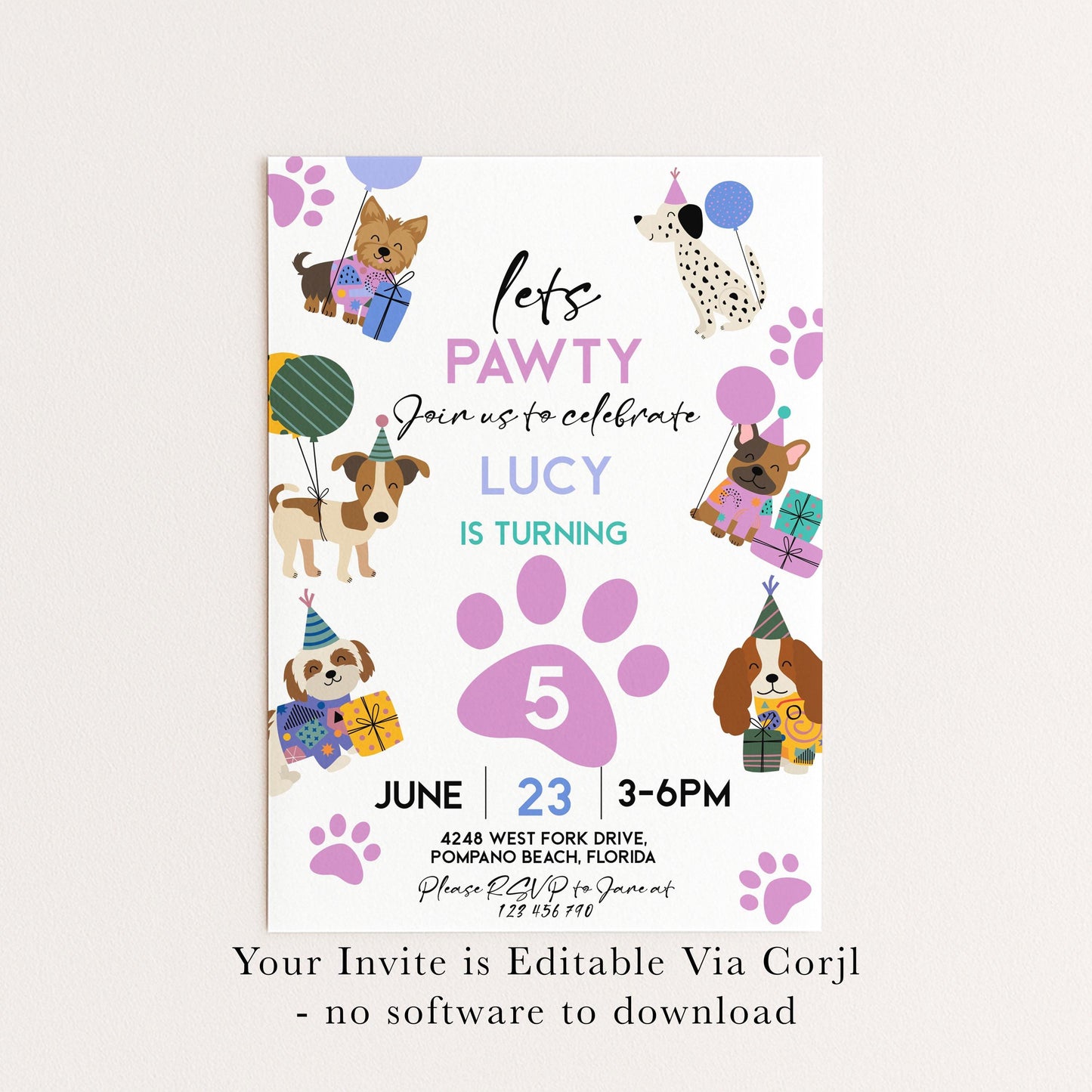 The image is a birthday invitation for a dog-themed party, featuring illustrations of dogs and other animals along with party hats and balloons.