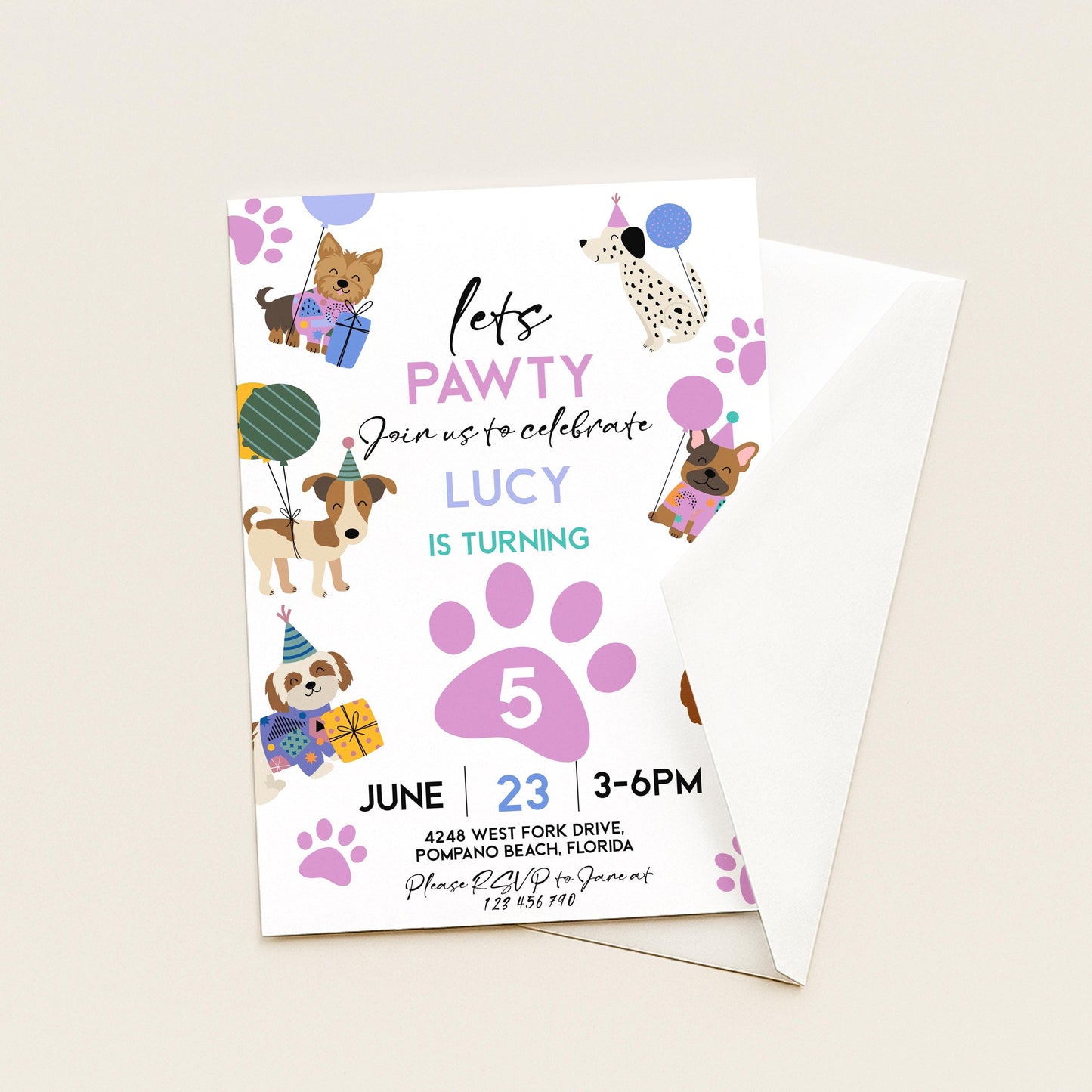 The image is a birthday invitation featuring illustrations of dogs and a birthday girl.