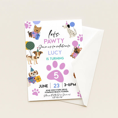 The image is a birthday invitation featuring illustrations of dogs and a birthday girl.