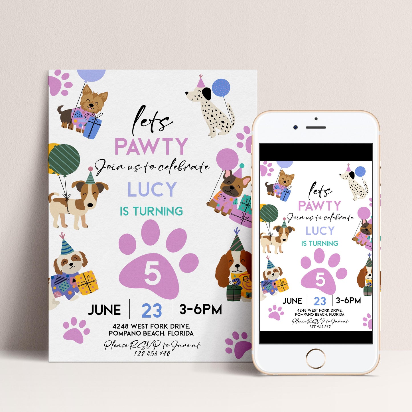 The image is a birthday invitation for a dog-themed party, featuring illustrations of dogs and balloons.