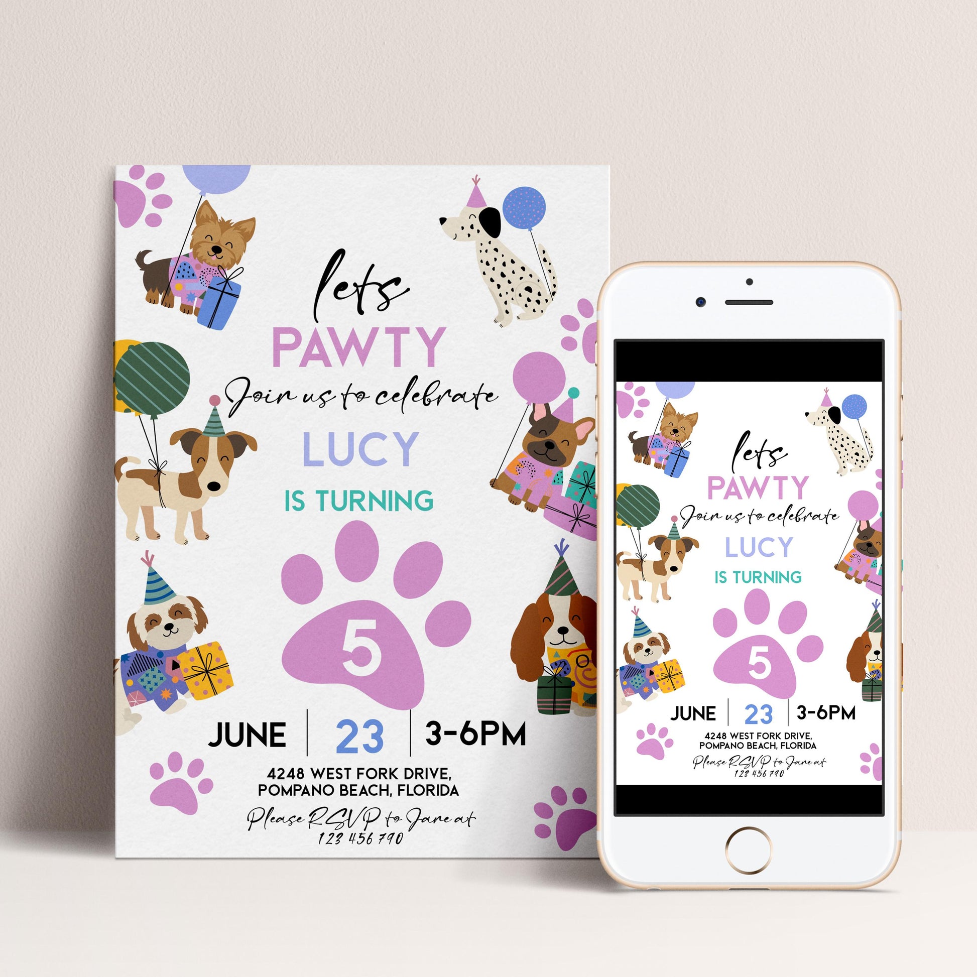 The image is a birthday invitation for a dog-themed party, featuring illustrations of dogs and balloons.