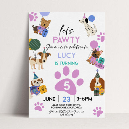 The image is a birthday invitation for a dog-themed party, featuring illustrations of dogs and balloons.