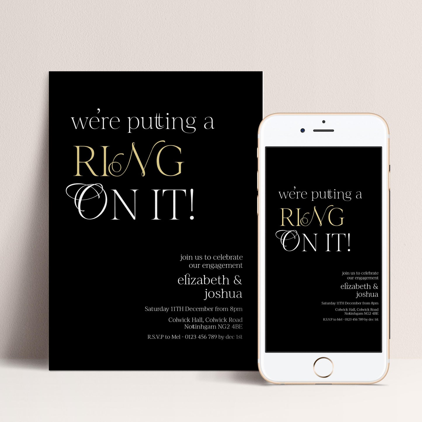 Ring On It Engagement Invitation, Black Gold Engagement Party Invite, Modern Couples Invite, Editable Corjl Template