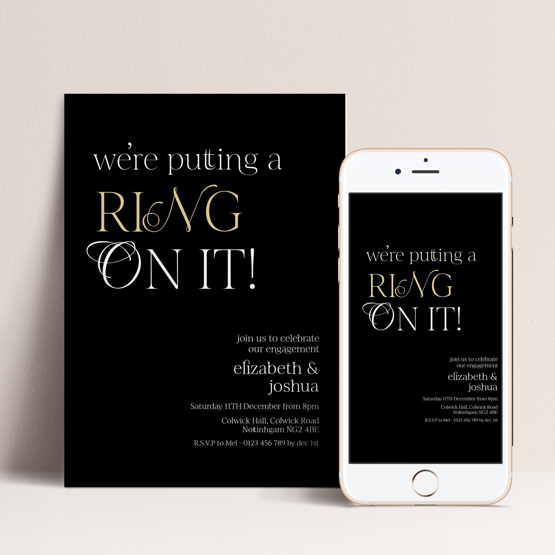 Ring On It Engagement Invitation, Black Gold Engagement Party Invite, Modern Couples Invite, Editable Corjl Template