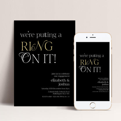 Ring On It Engagement Invitation, Black Gold Engagement Party Invite, Modern Couples Invite, Editable Corjl Template