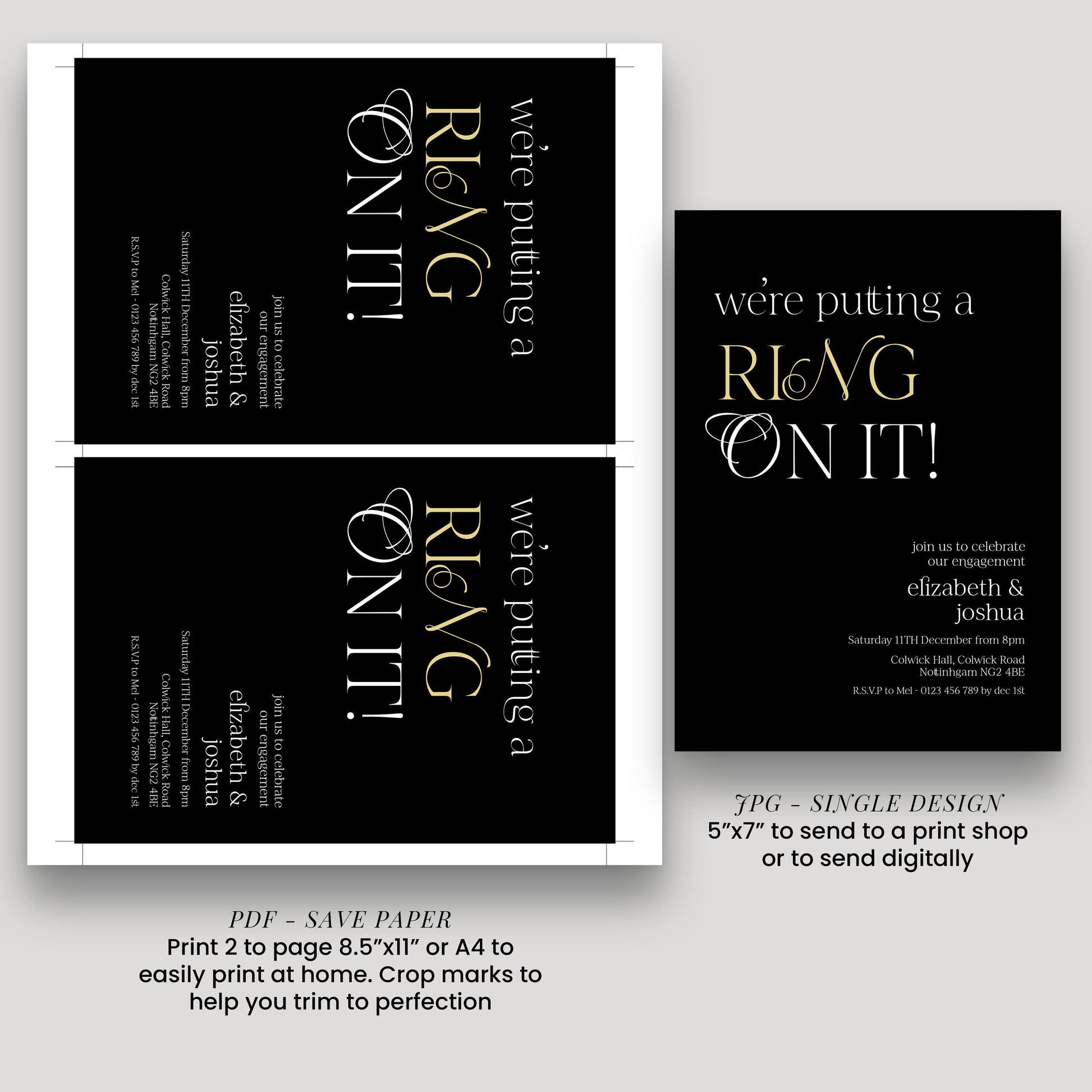 Ring On It Engagement Invitation, Black Gold Engagement Party Invite, Modern Couples Invite, Editable Corjl Template